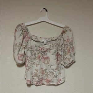 H&M Cream and Pink Floral Puff Sleeve Blouse